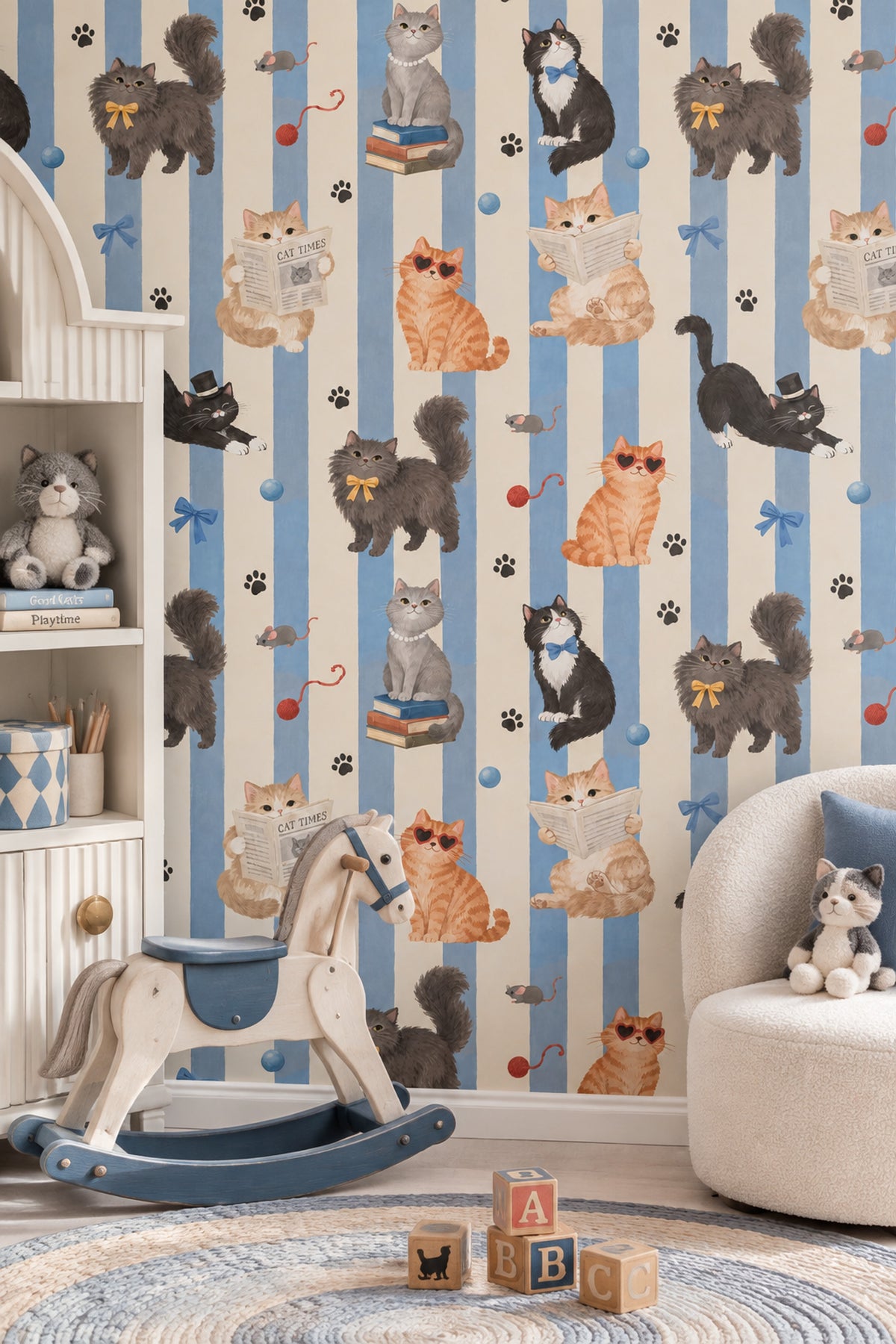 Cats Wallpaper Blue Cream Vertical Stripes