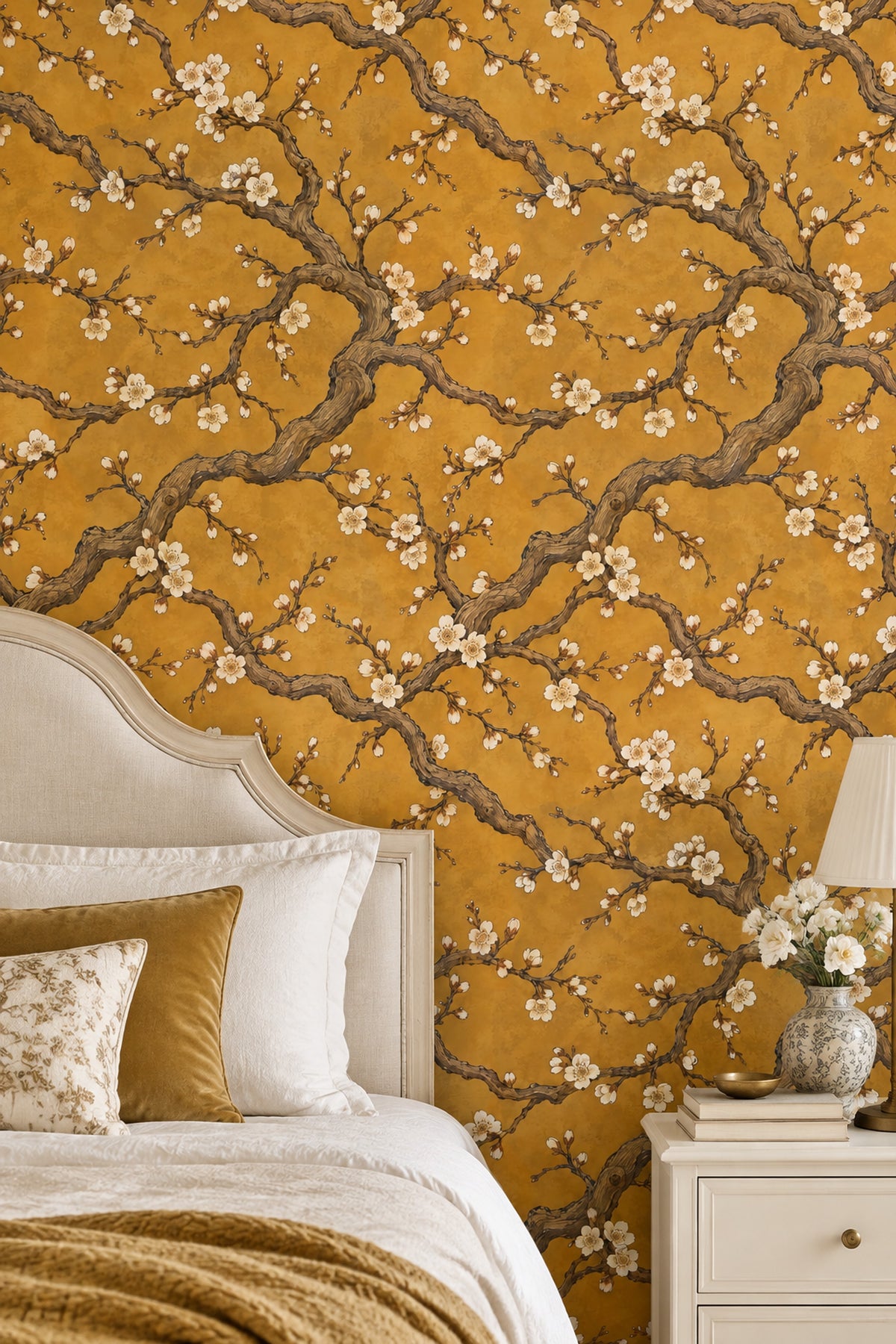 Cherry Blossoms Wallpaper Floral Branches On Gold Background