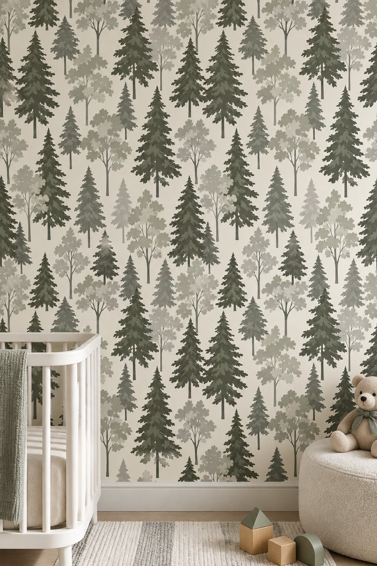 Forest Trees Wallpaper Sage Green Scandinavian Pattern