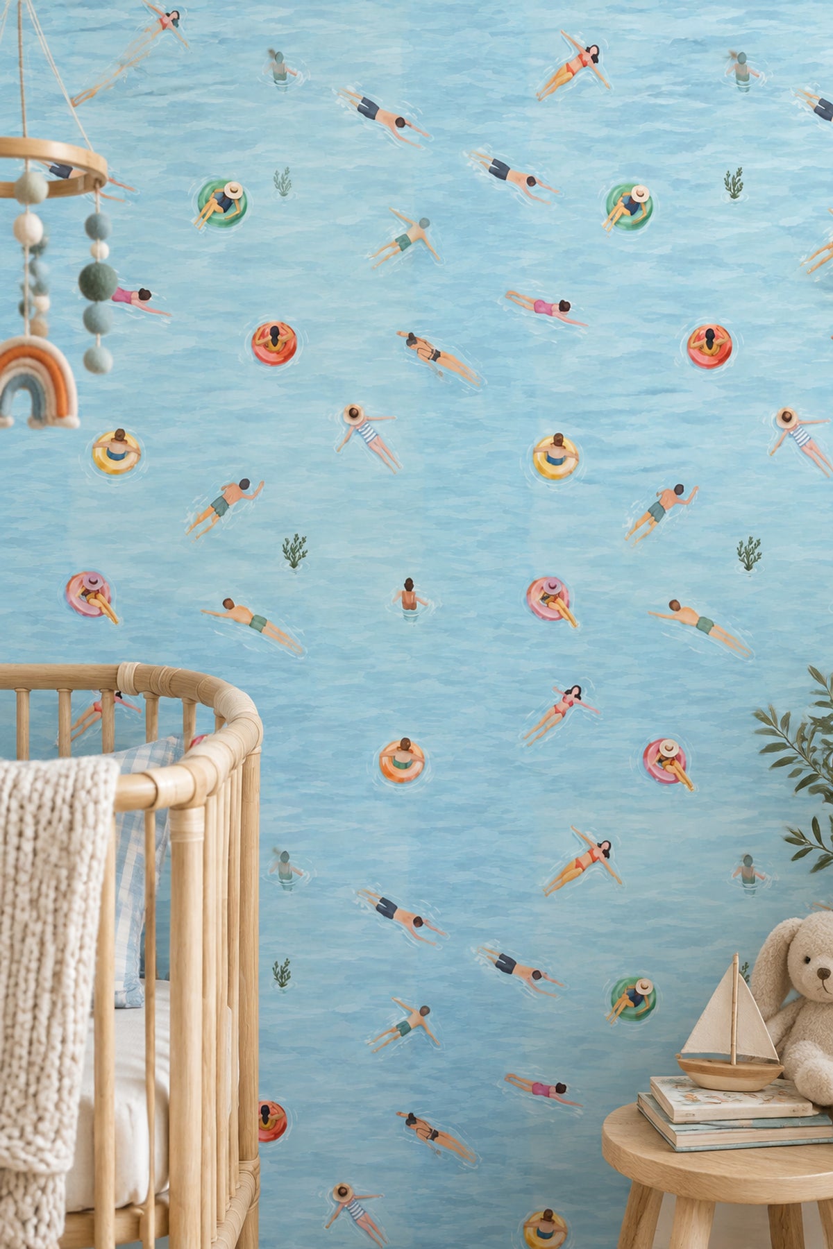 Swimming Pool Swimmers Wallpaper Watercolor Blue Water Pattern