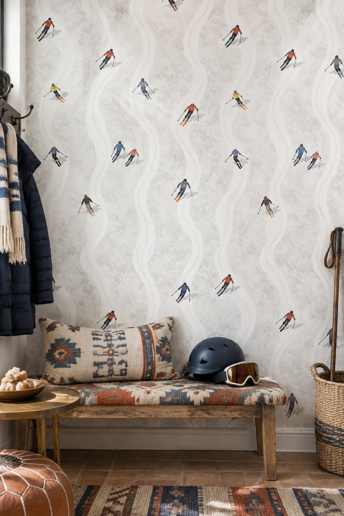 Skiers Wallpaper Bright Illustrated Snow Tracks