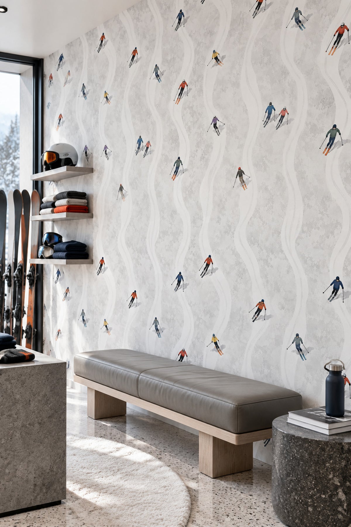 Skiers Wallpaper Bright Illustrated Snow Tracks