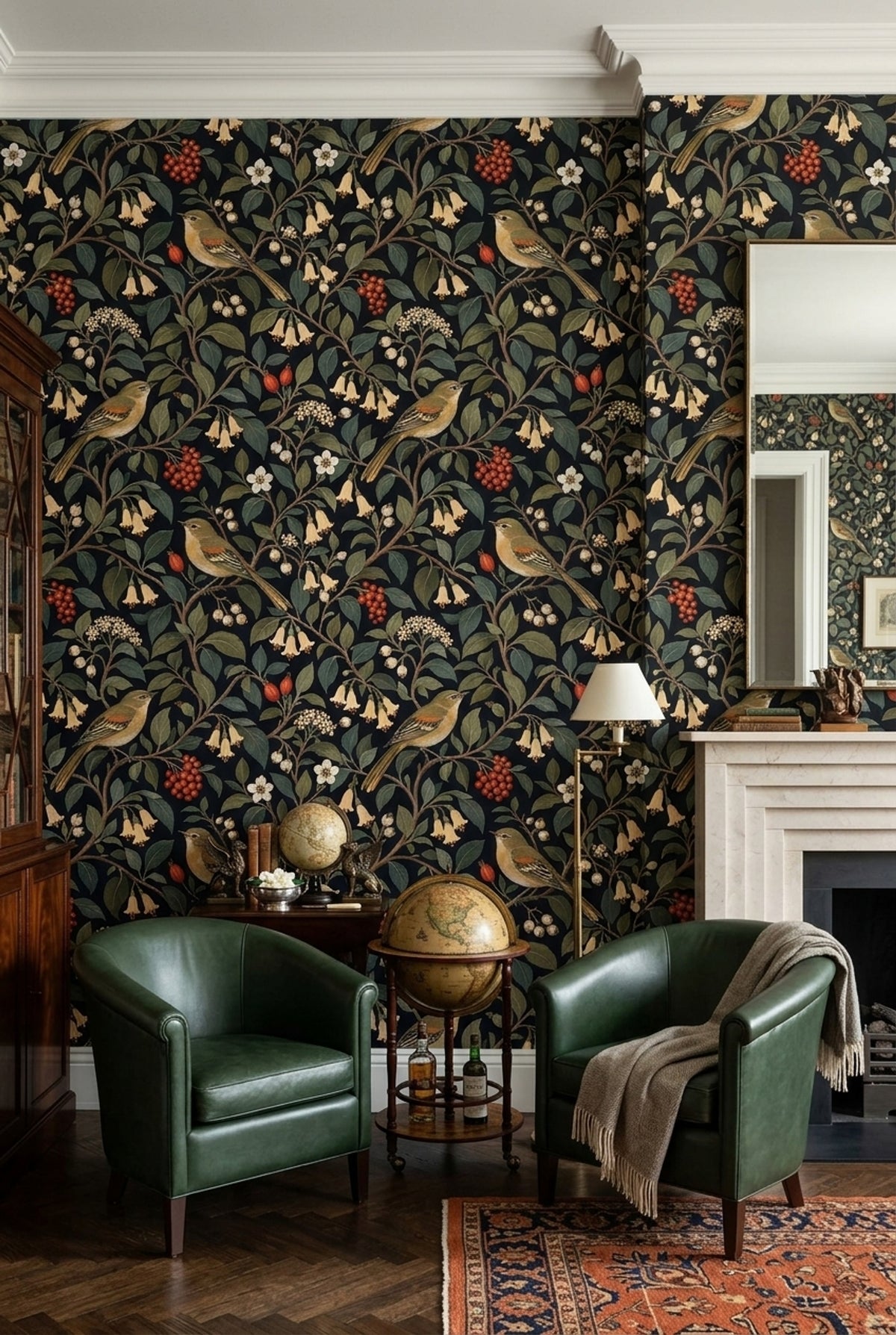 Birds And Vine Branches Wallpaper Muted Green Botanical