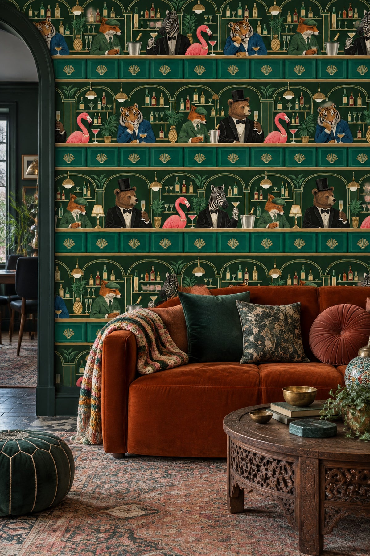 Cocktail Bar Animals Wallpaper Dark Emerald Green Art Deco
