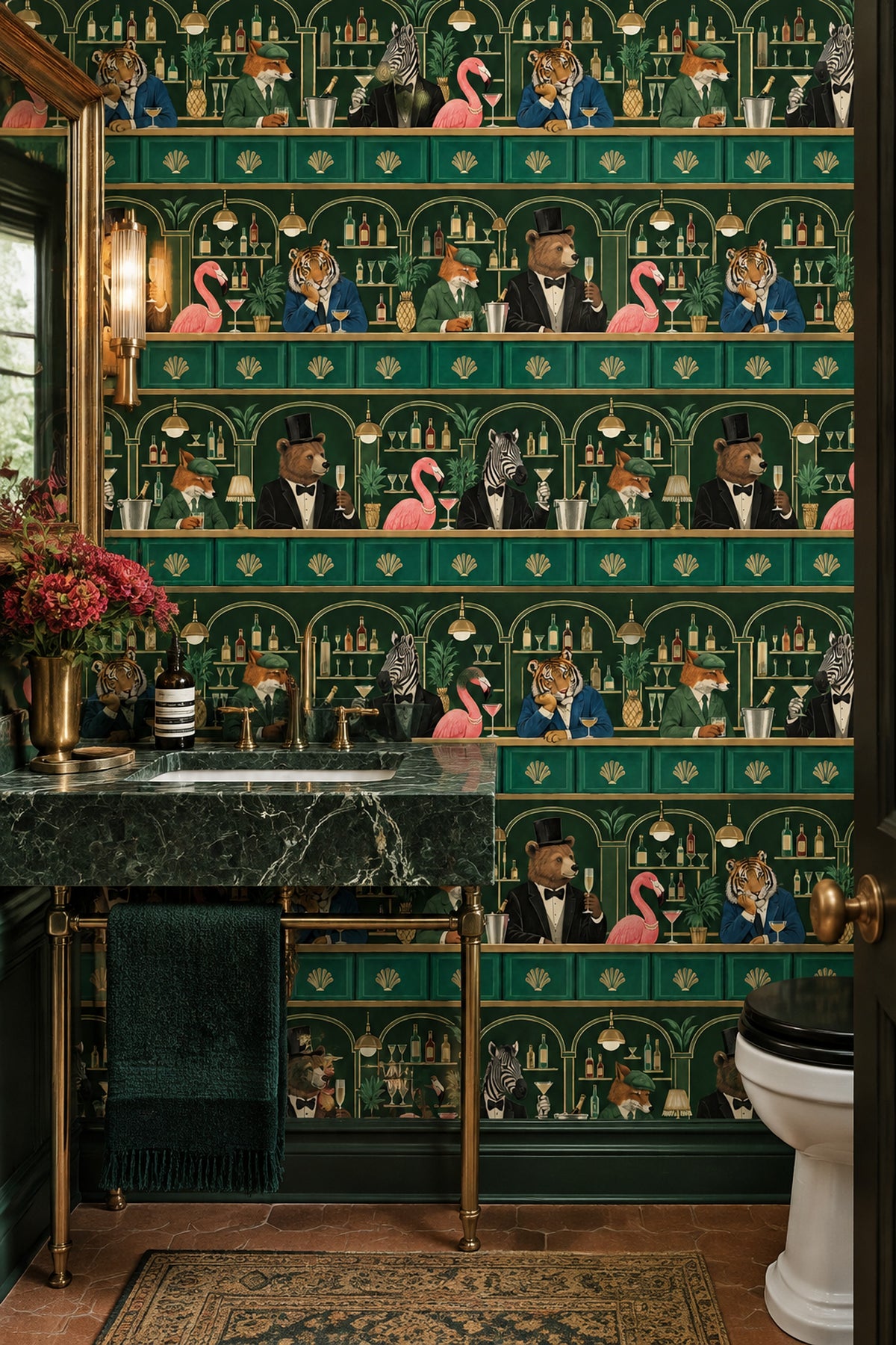 Cocktail Bar Animals Wallpaper Dark Emerald Green Art Deco