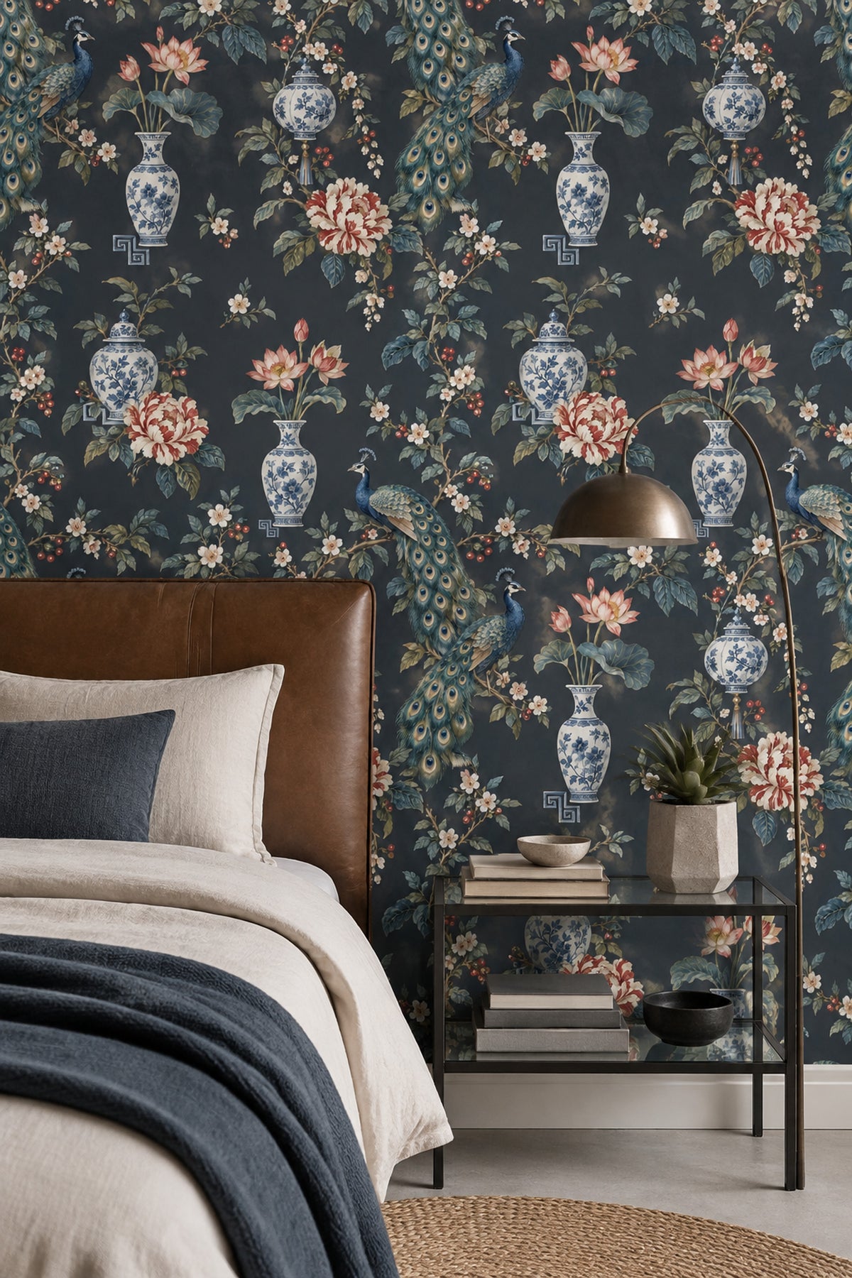 Peacock Wallpaper Dark Chinoiserie Charcoal Background
