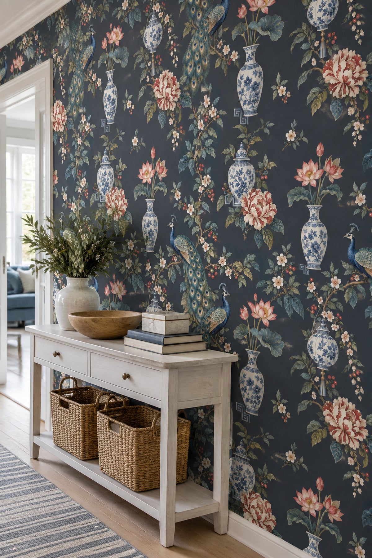 Peacock Wallpaper Dark Chinoiserie Charcoal Background