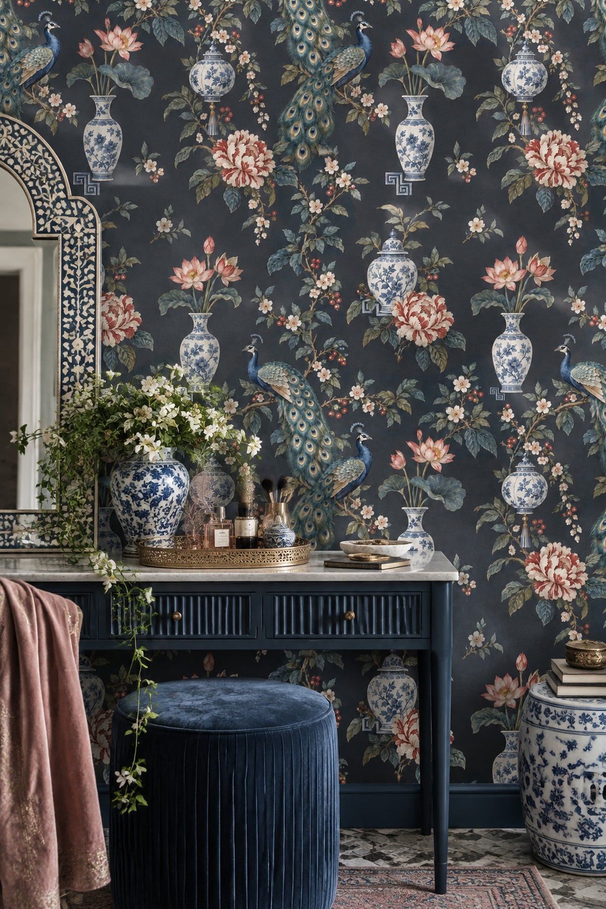 Peacock Wallpaper Dark Chinoiserie Charcoal Background