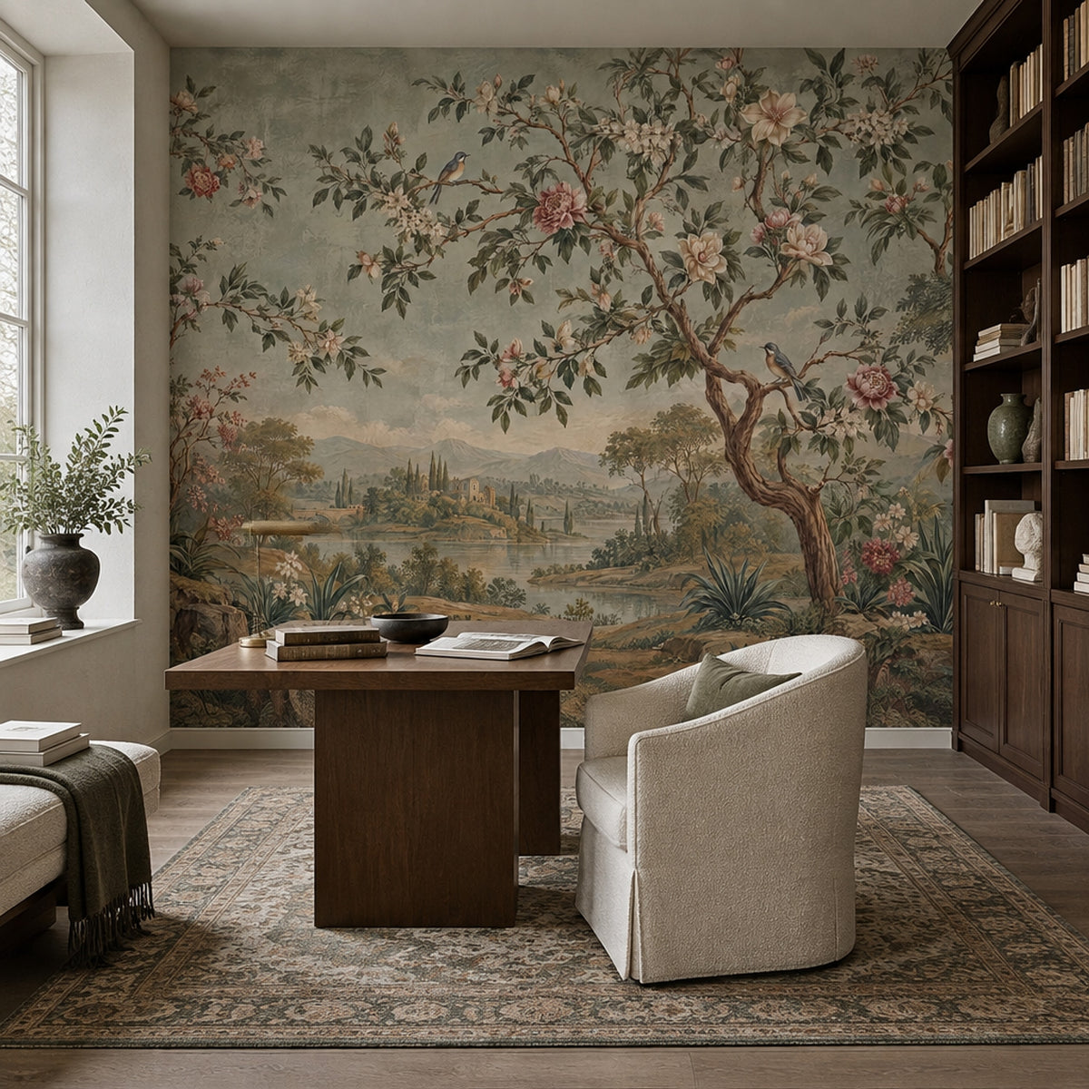 Chinoiserie Blossom Landscape Wallpaper Cloudy Sky Wall Mural