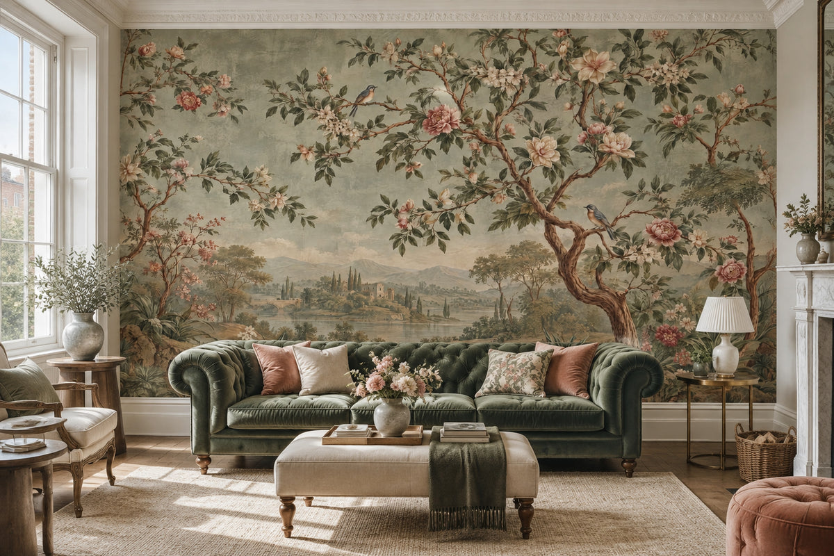 Chinoiserie Blossom Landscape Wallpaper Cloudy Sky Wall Mural