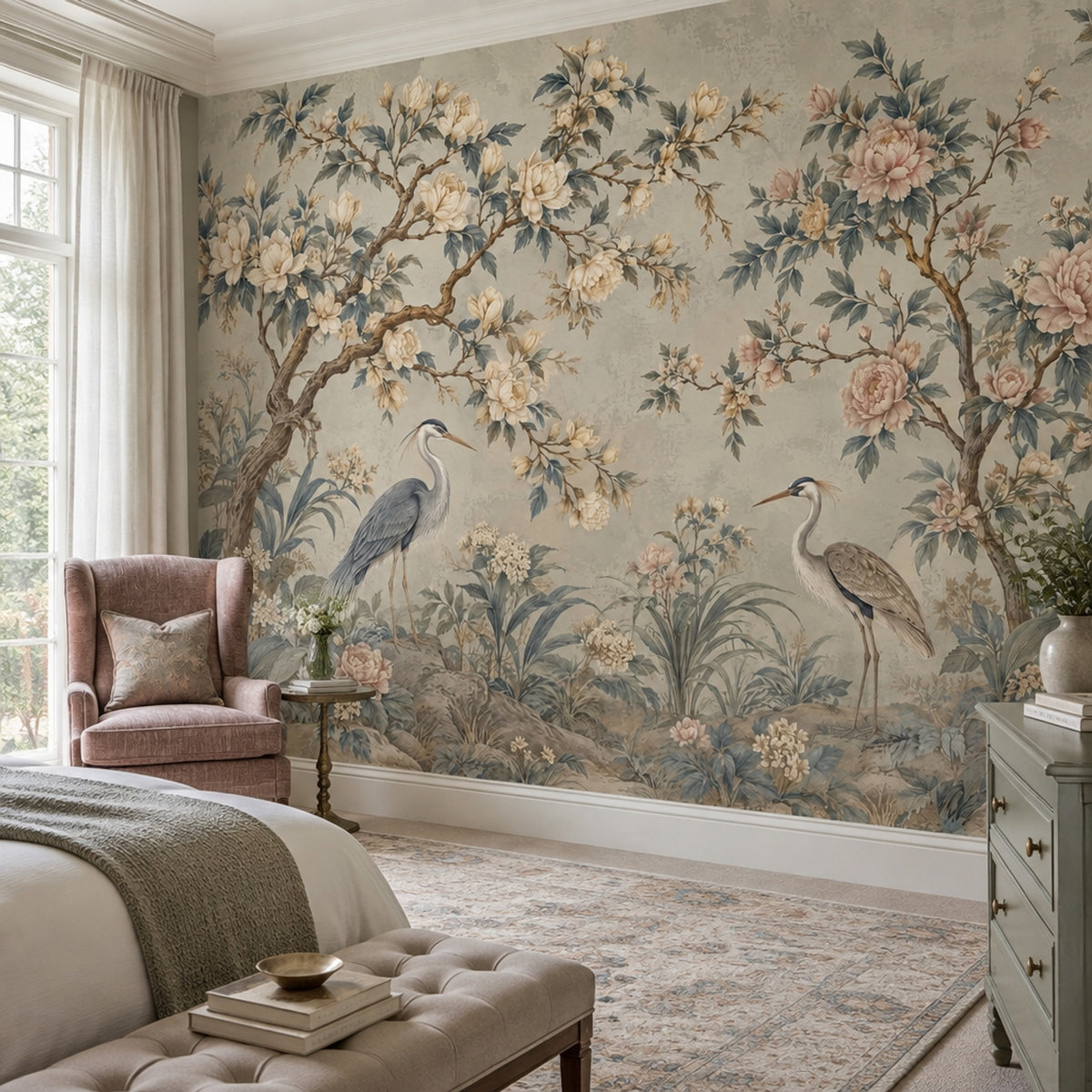 Herons And Peonies Wallpaper Chinoiserie Garden Wall Mural