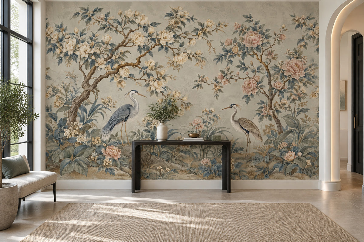Herons And Peonies Wallpaper Chinoiserie Garden Wall Mural