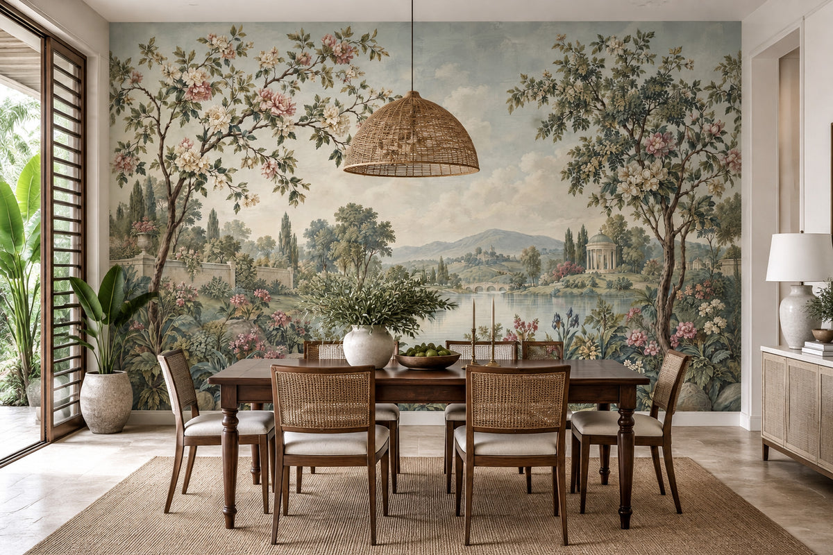 Romantic Garden Landscape Wallpaper Cloudy Sky Wall Mural
