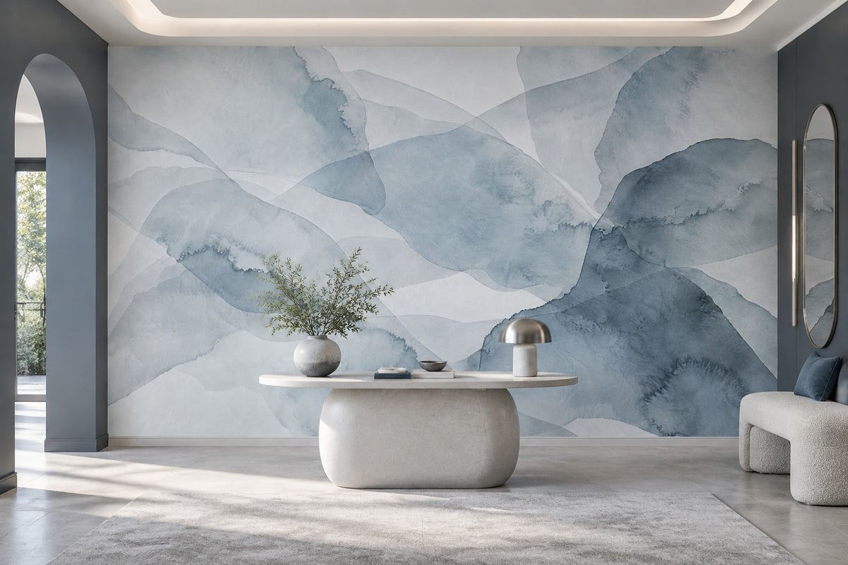 Abstract Watercolor Layers Wallpaper Blue Gray Minimalist Wall Mural