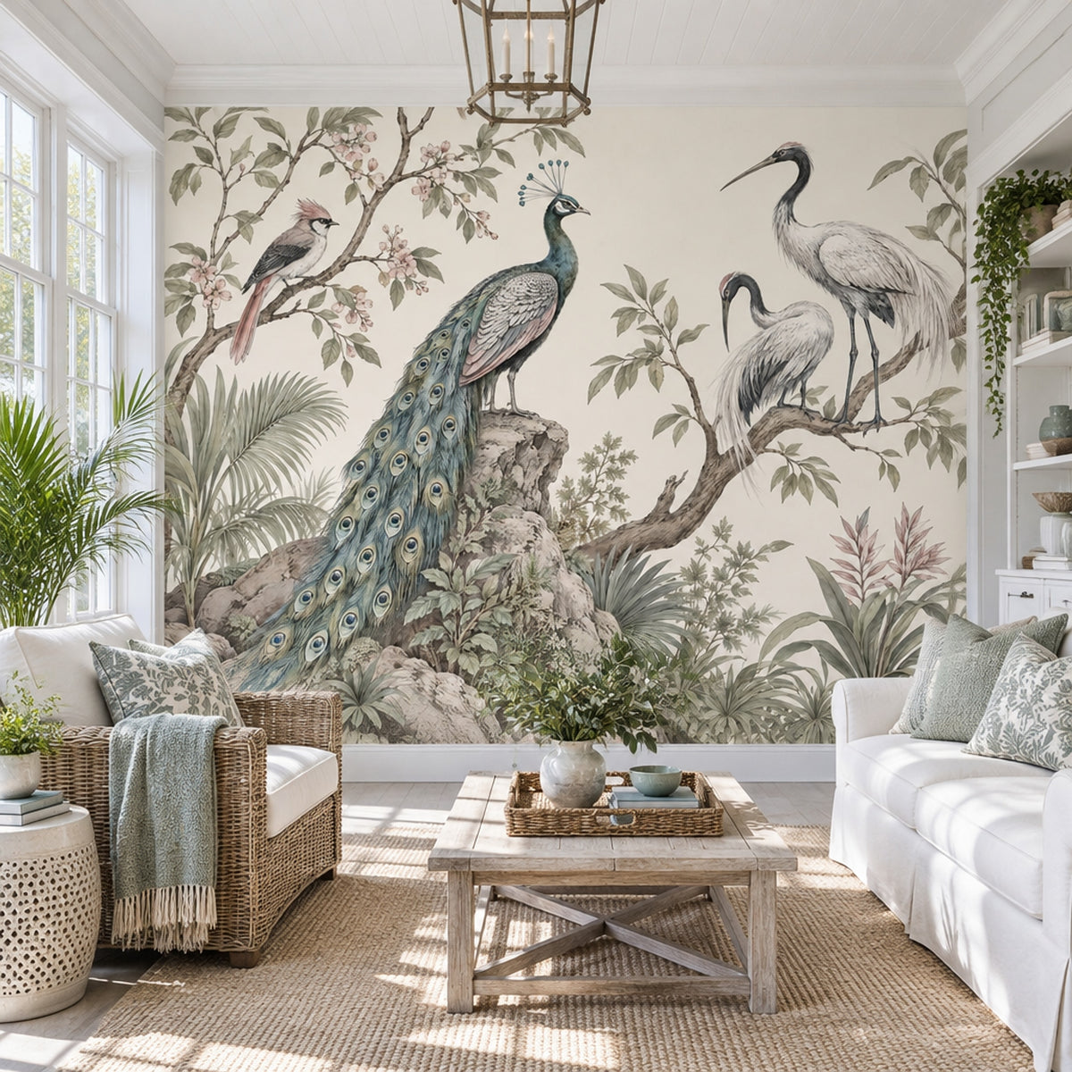Chinoiserie Birds Wallpaper Muted Green Botanical Wall Mural