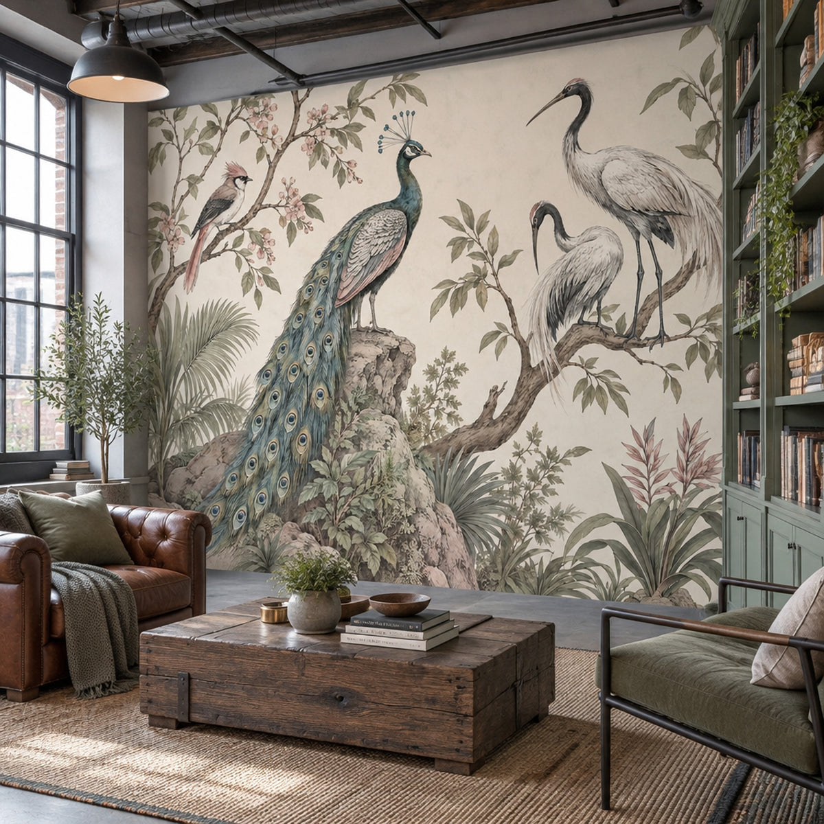 Chinoiserie Birds Wallpaper Muted Green Botanical Wall Mural