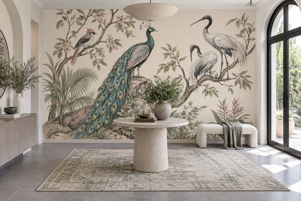 Chinoiserie Birds Wallpaper Muted Green Botanical Wall Mural