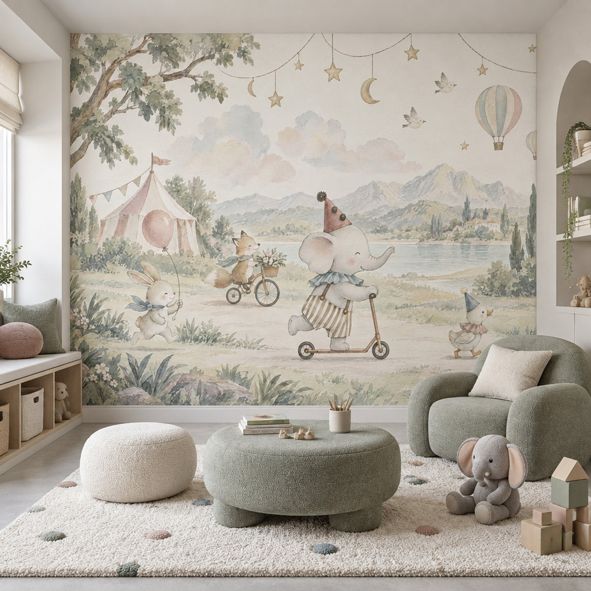Watercolor Circus Animals Wallpaper Storybook Landscape Wall Mural