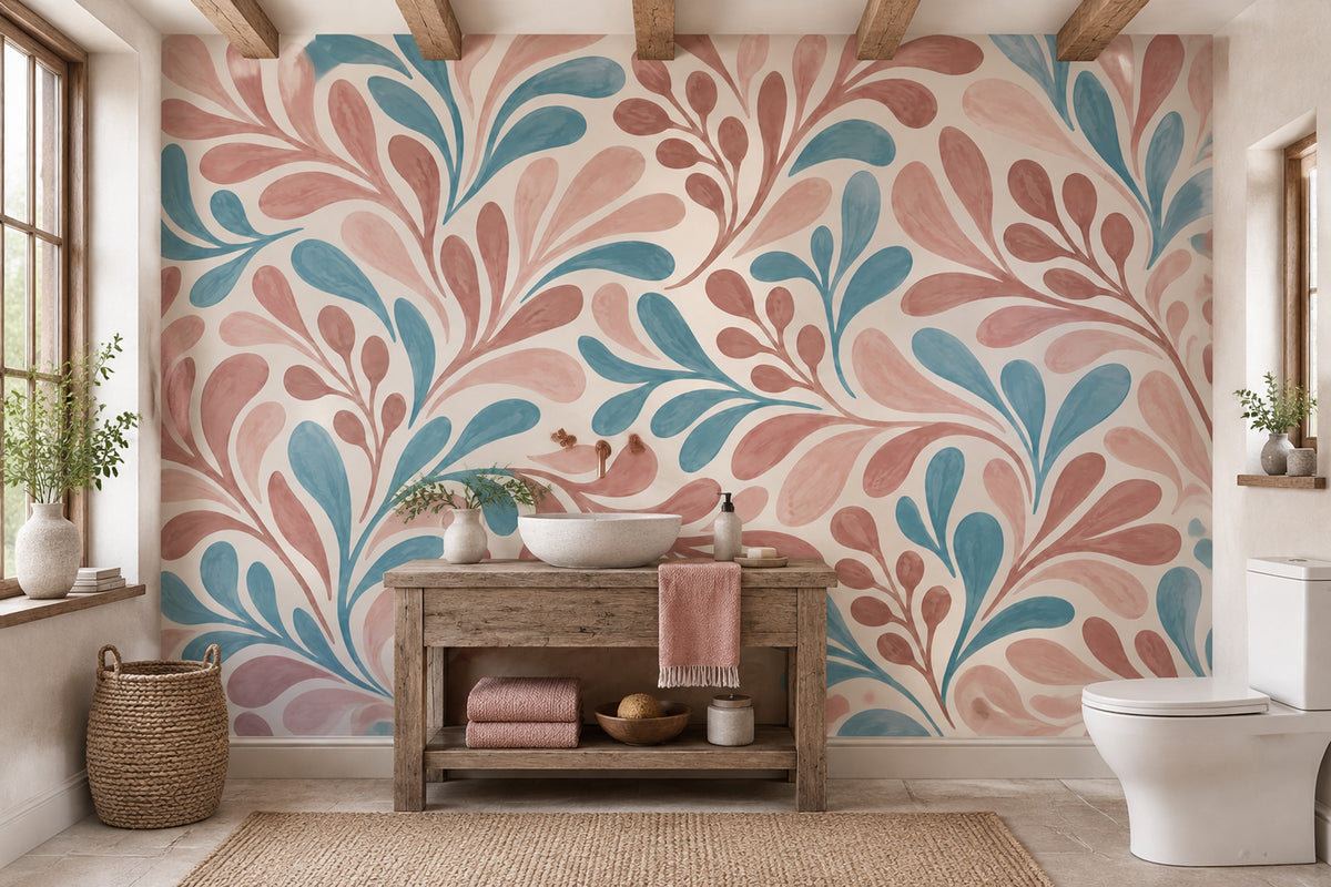 Watercolor Leaf Pattern Wallpaper Pink And Blue Botanical Wall Mural