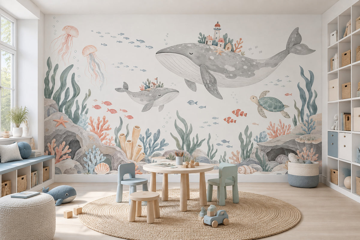 Watercolor Whales Wallpaper Underwater Storybook Wall Mural
