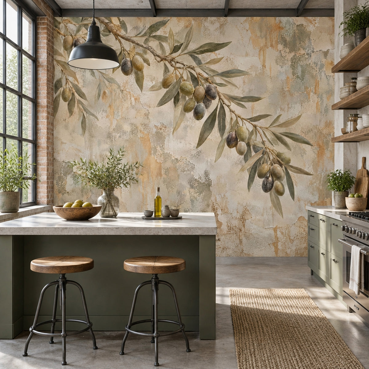 Olive Branch Wallpaper Muted Green Rustic Plaster Wall Mural