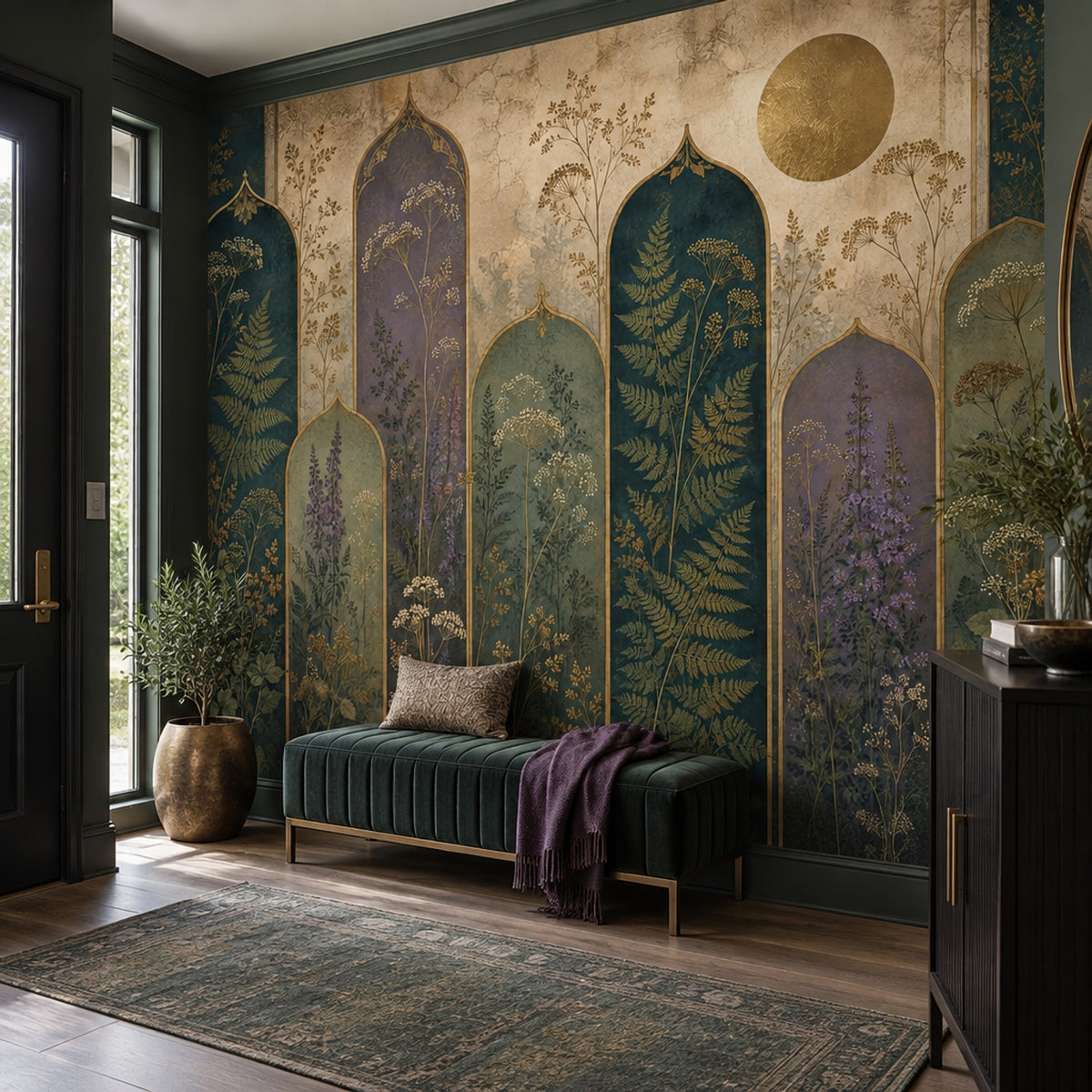 Moroccan Arches Botanical Wallpaper Gold Accents Wall Mural