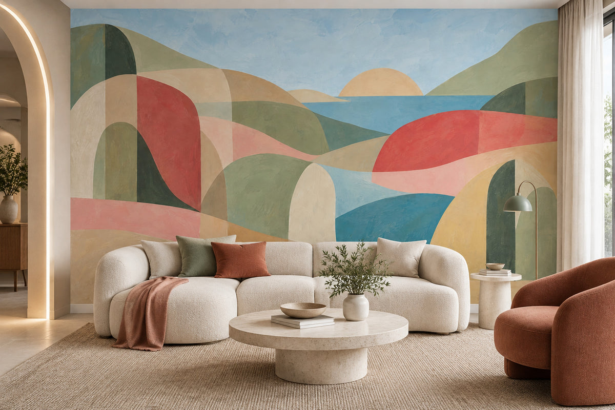 Abstract Coastal Landscape Wallpaper Geometric Hills Wall Mural