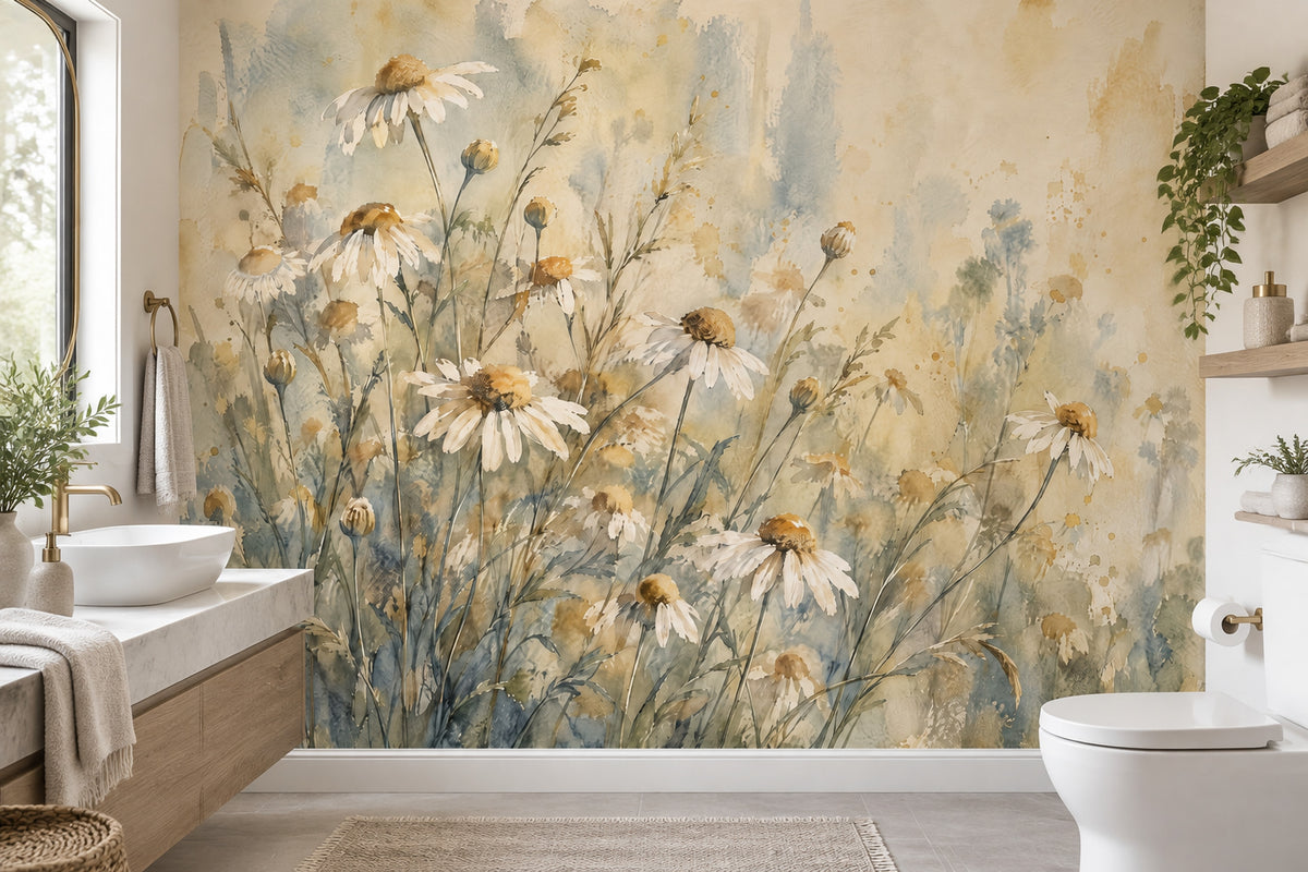 Watercolor Daisy Meadow Wallpaper Botanical Wildflower Wall Mural