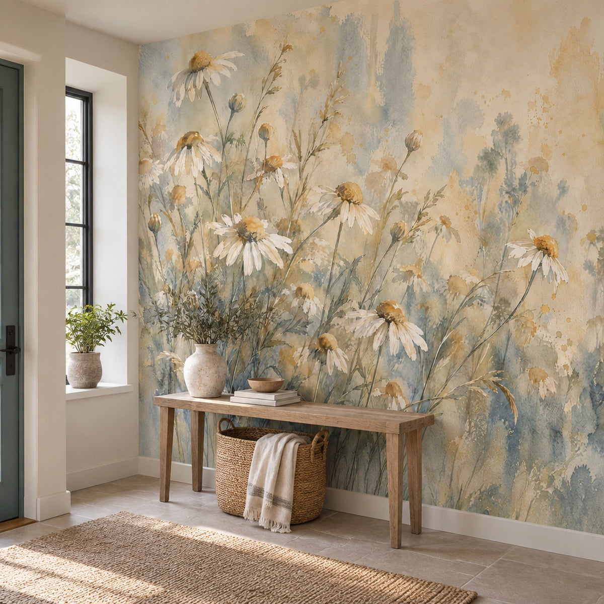 Watercolor Daisy Meadow Wallpaper Botanical Wildflower Wall Mural