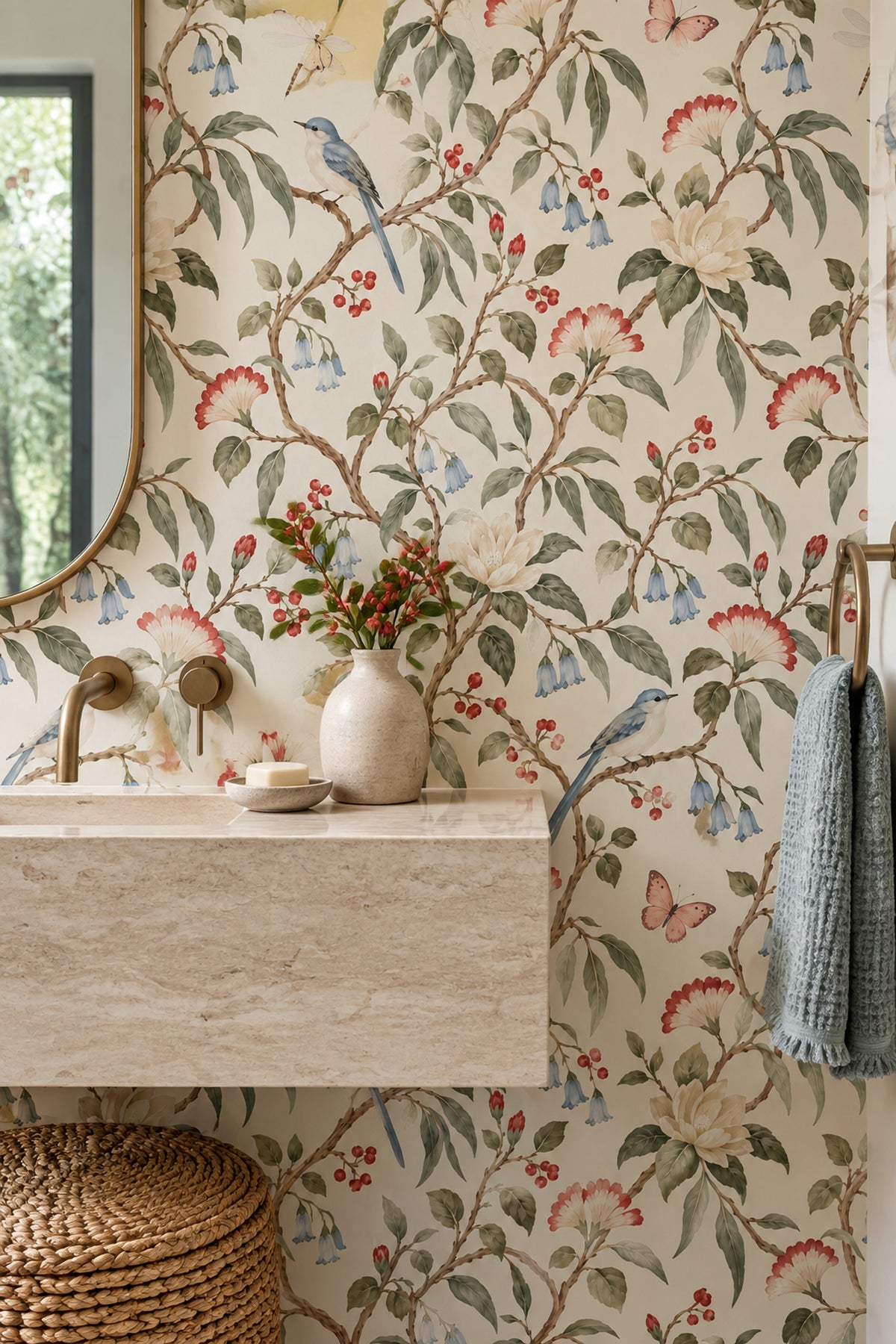 Bird And Blossom Wallpaper Muted Green Chinoiserie Pattern