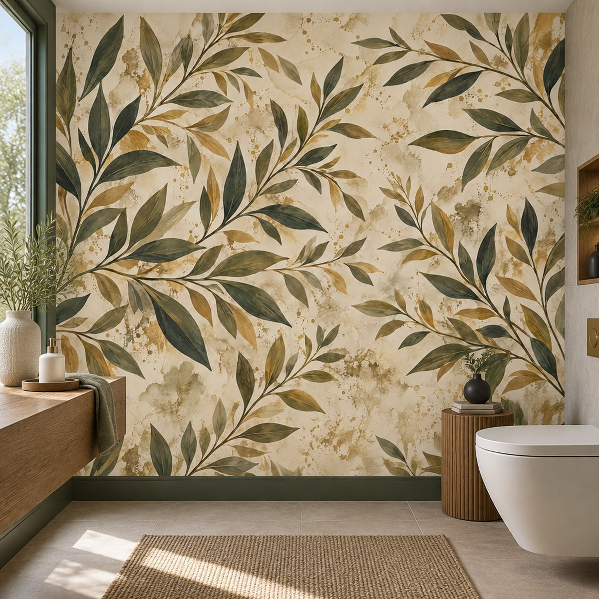 Olive Branches Wallpaper Watercolor Gold Splatter Wall Mural