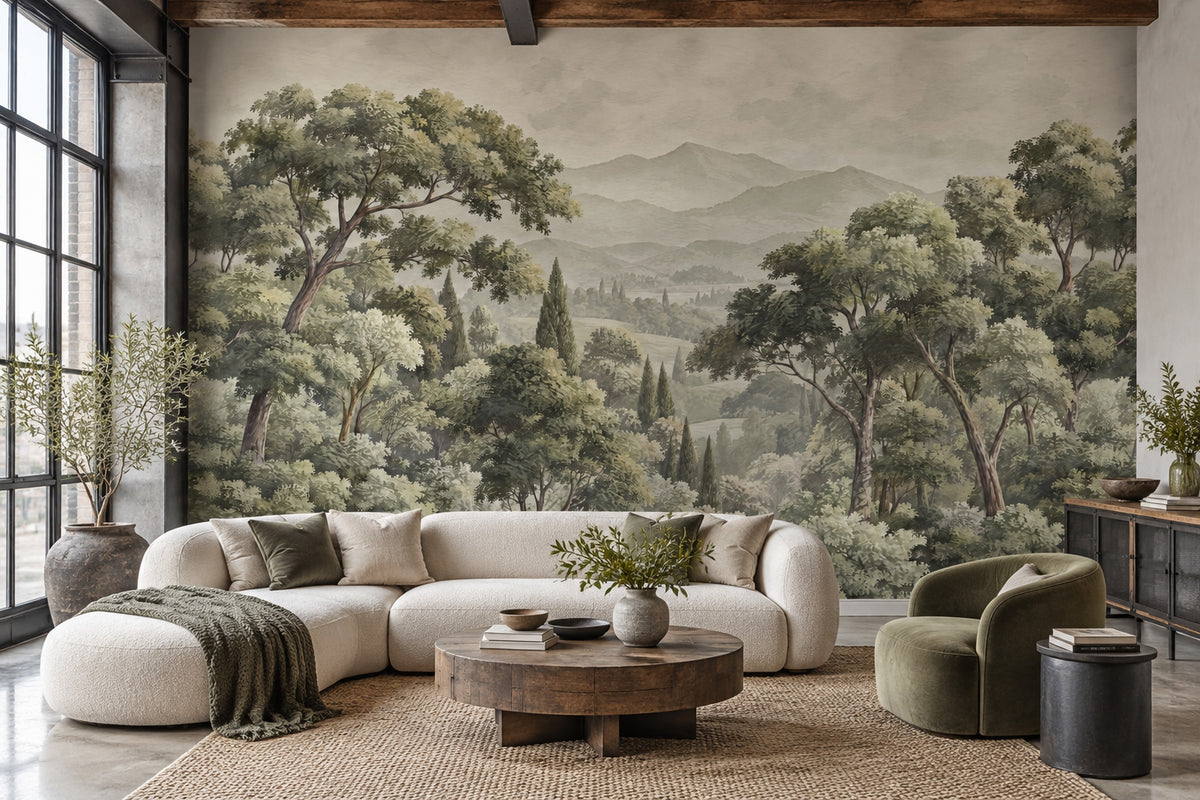 Vintage Forest Landscape Wallpaper Muted Green Mountains Wall Mural