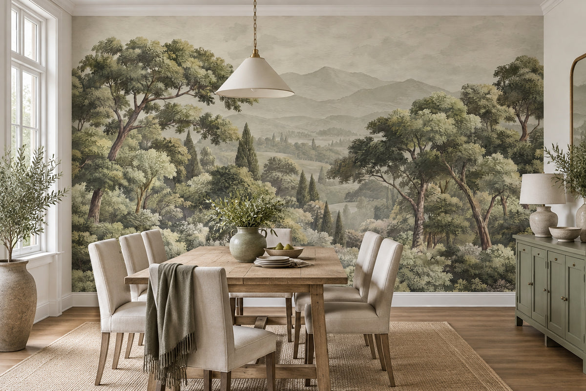 Vintage Forest Landscape Wallpaper Muted Green Mountains Wall Mural