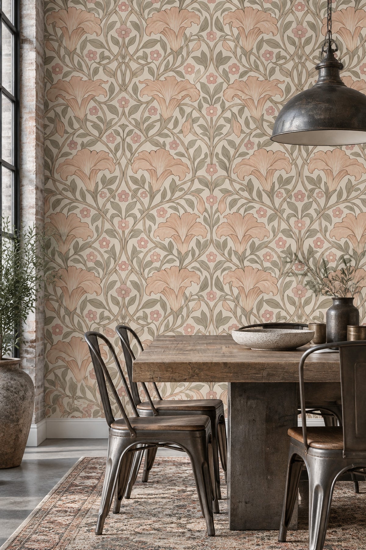 Art Nouveau Lily Floral Wallpaper Sage And Peach On Cream