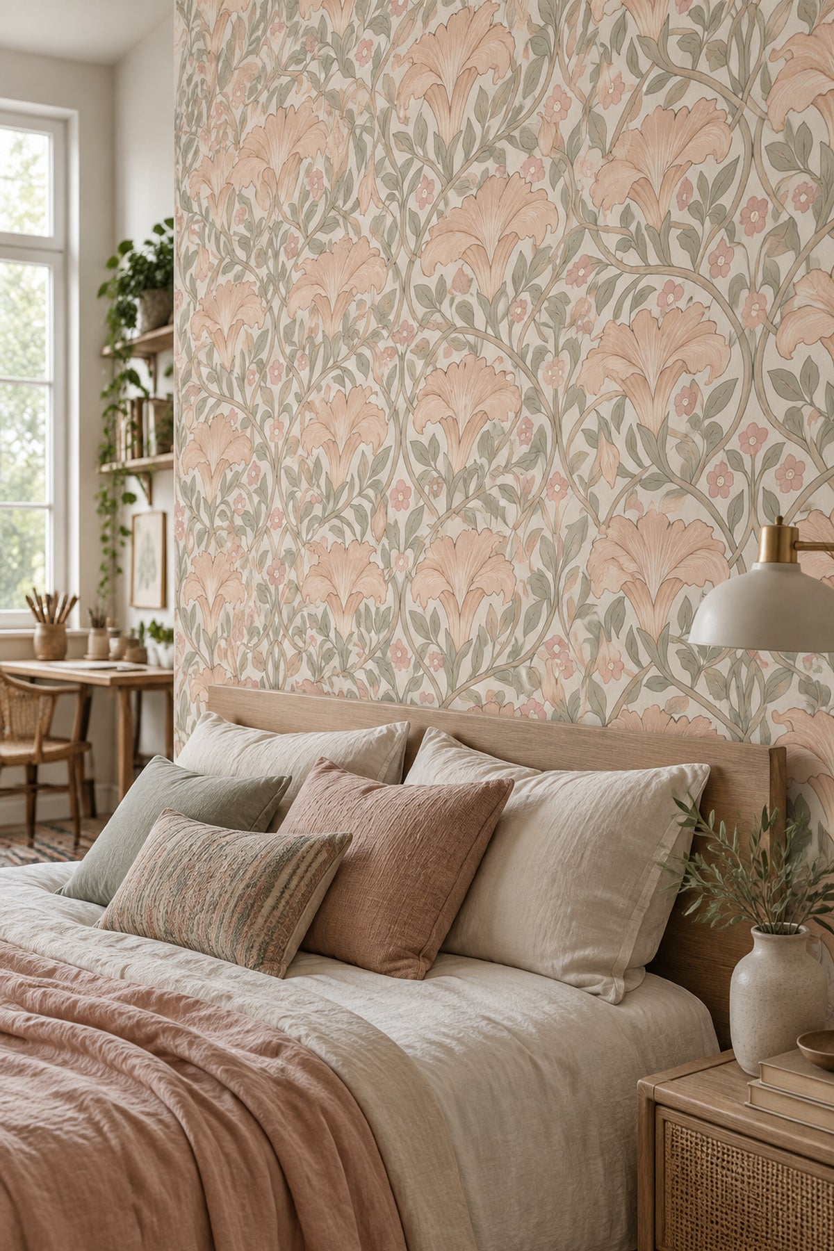 Art Nouveau Lily Floral Wallpaper Sage And Peach On Cream