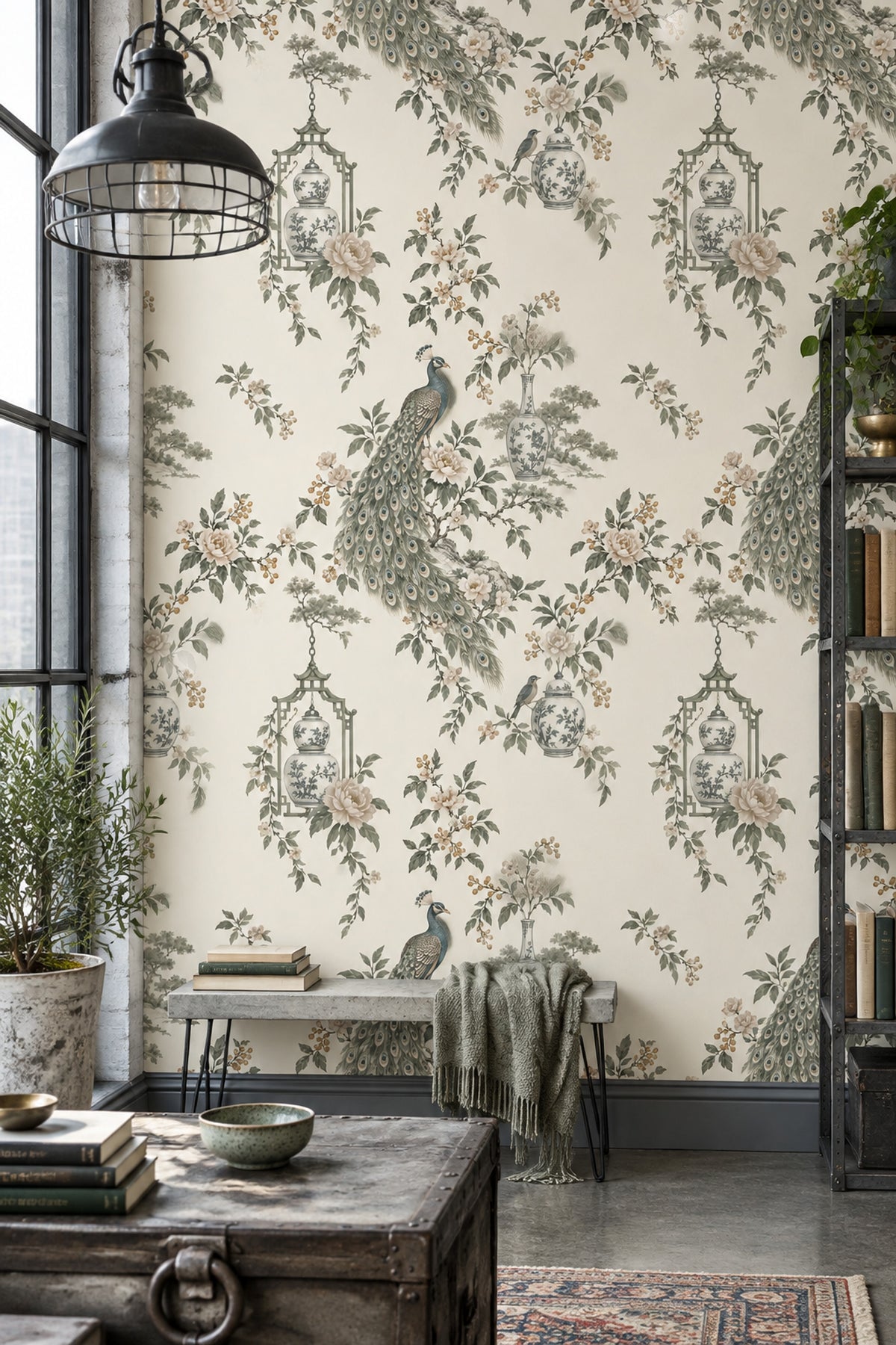 Peacock Chinoiserie Wallpaper Ivory Background Floral Porcelain Vases