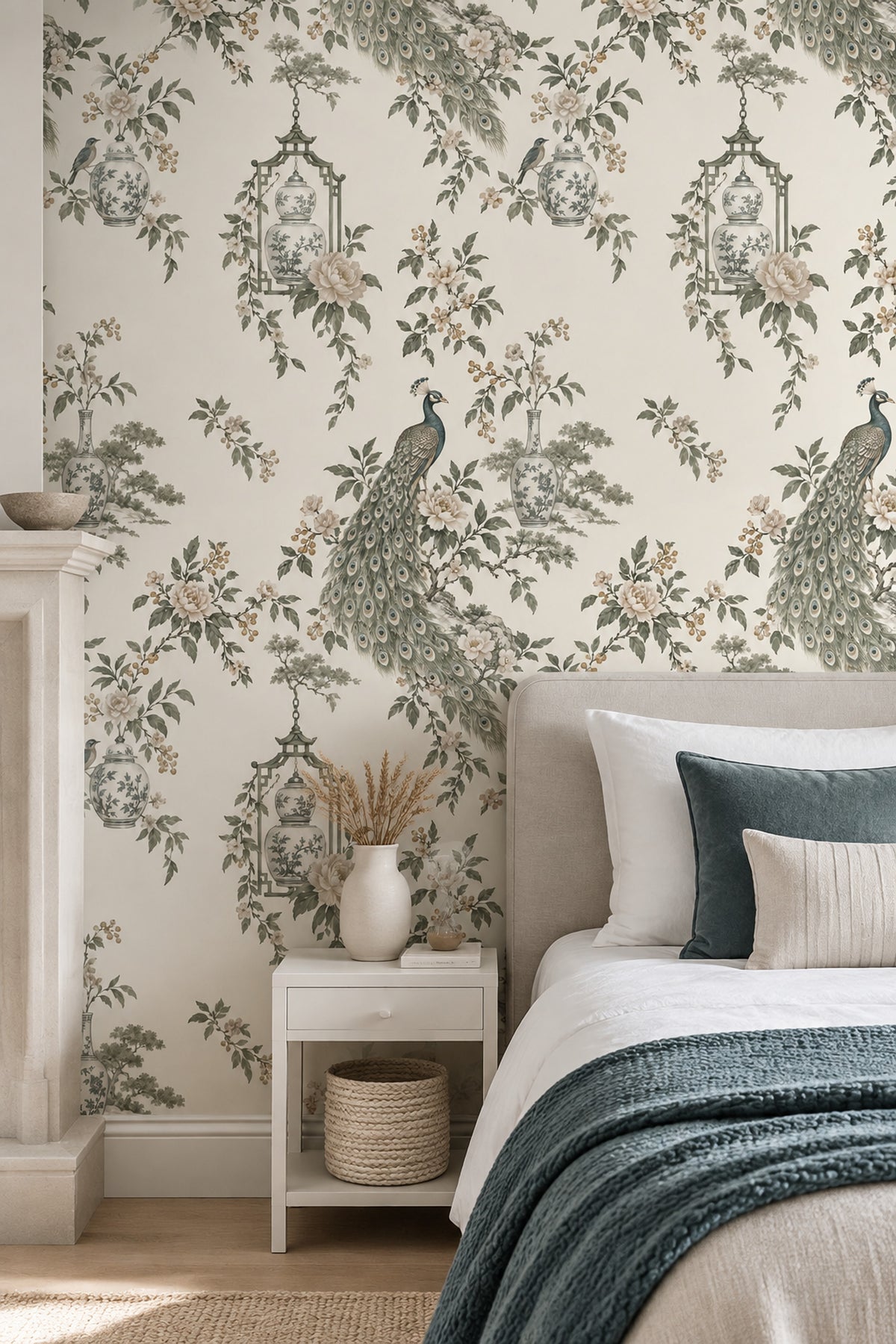 Peacock Chinoiserie Wallpaper Ivory Background Floral Porcelain Vases
