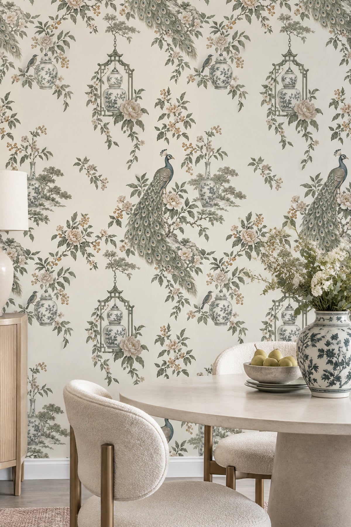 Peacock Chinoiserie Wallpaper Ivory Background Floral Porcelain Vases