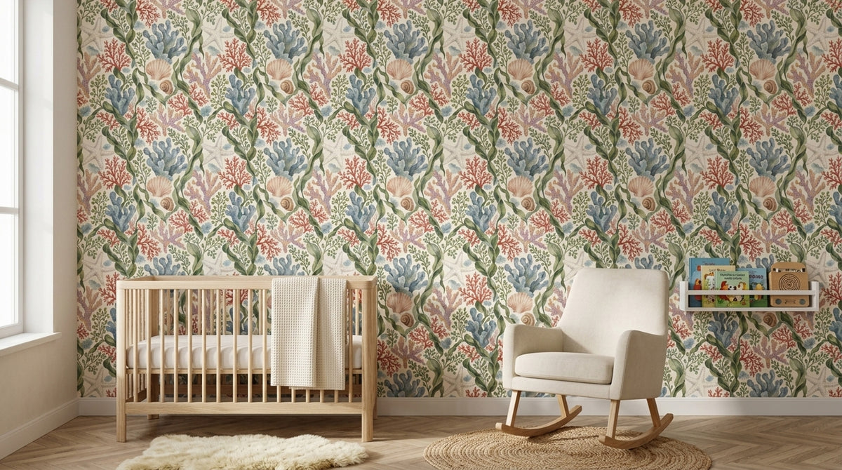 Seaweed And Coral Wallpaper Watercolor Coastal Pattern