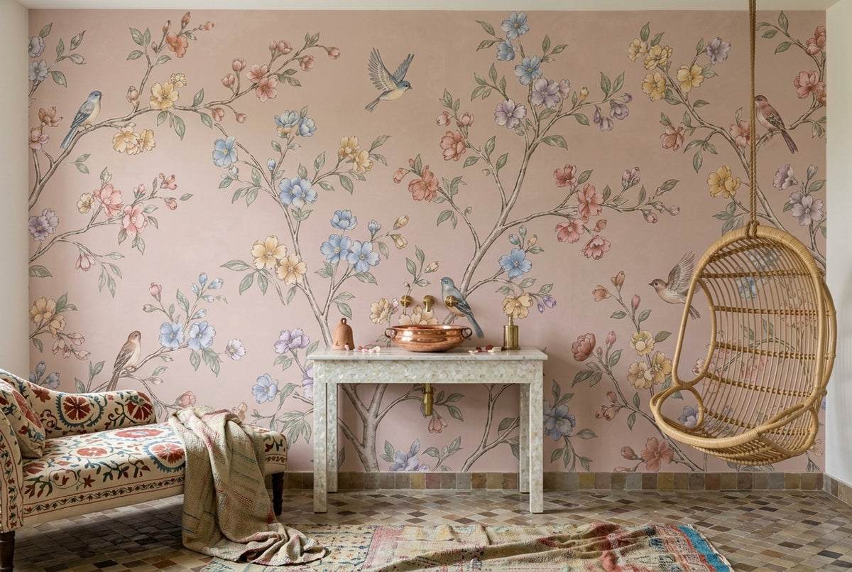 Chinoiserie Blossom Birds Wallpaper Light Pink Garden Wall Mural