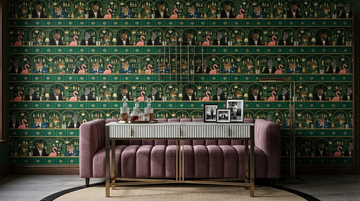 Cocktail Bar Animals Wallpaper Dark Emerald Green Art Deco