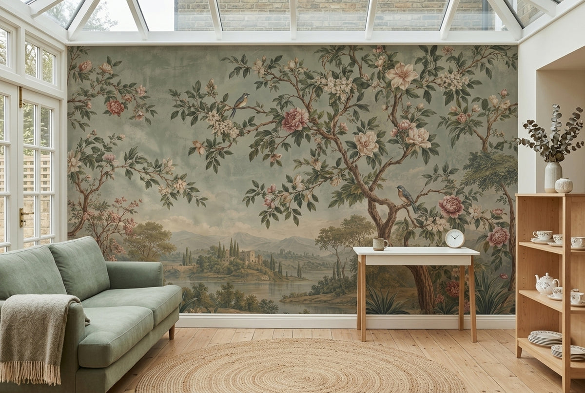 Chinoiserie Blossom Landscape Wallpaper Cloudy Sky Wall Mural