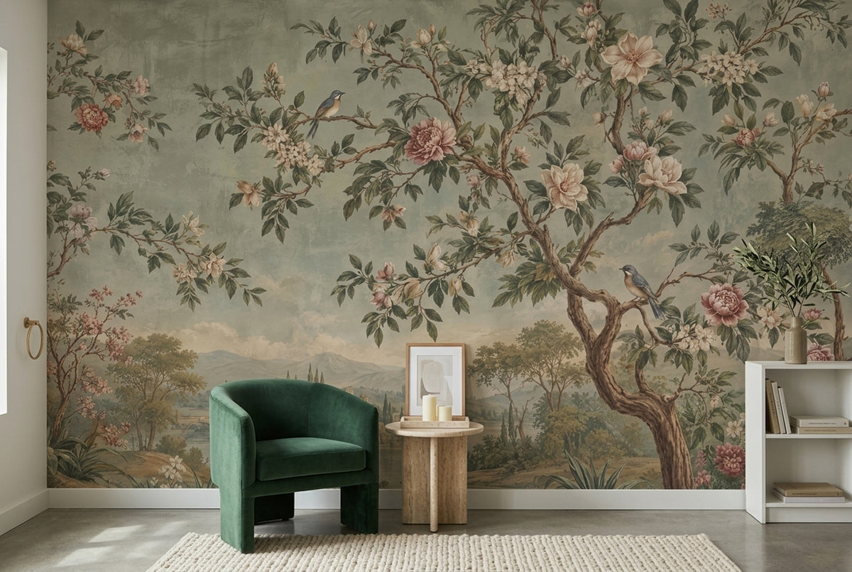 Chinoiserie Blossom Landscape Wallpaper Cloudy Sky Wall Mural
