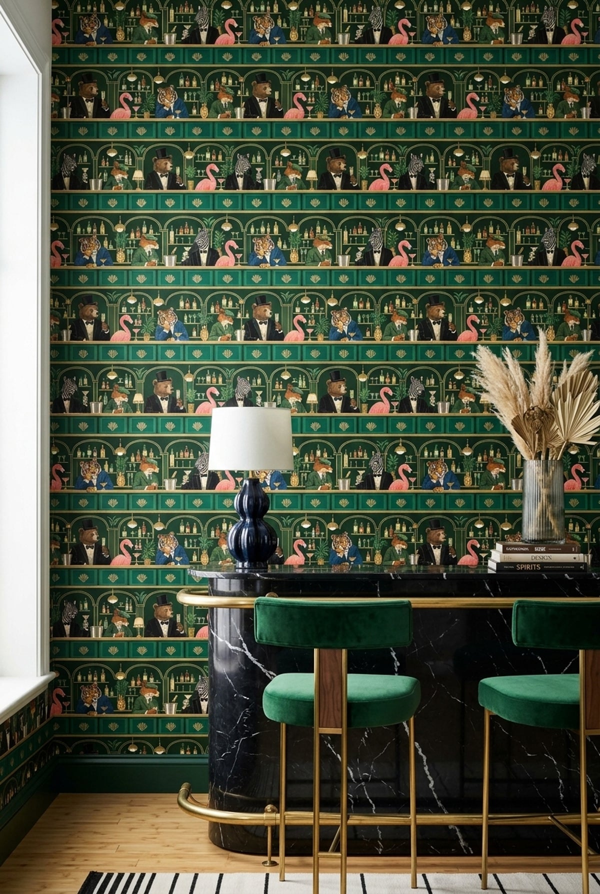 Cocktail Bar Animals Wallpaper Dark Emerald Green Art Deco
