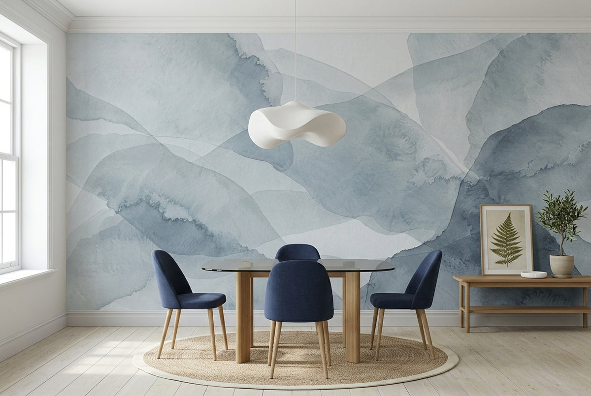 Abstract Watercolor Layers Wallpaper Blue Gray Minimalist Wall Mural