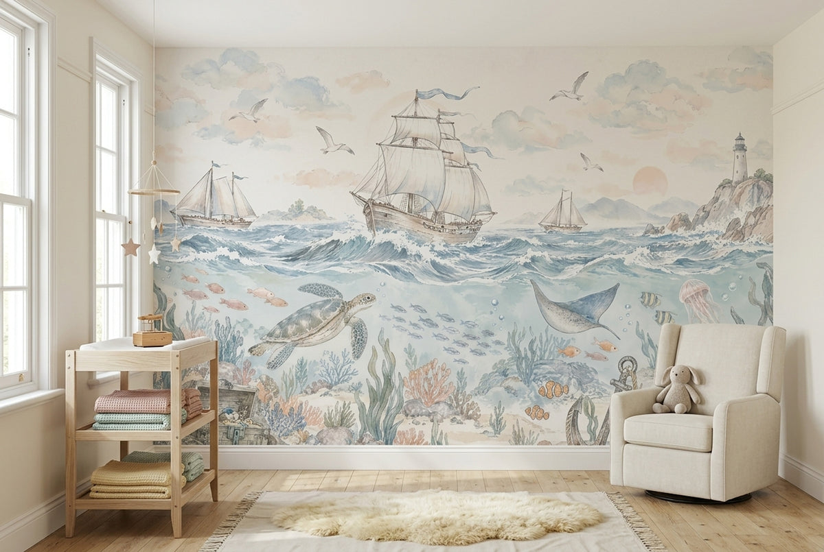 Watercolor Ocean Ships Wallpaper Coastal Underwater Wall Mural