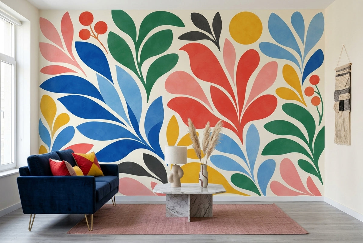 Abstract Botanical Leaves Wallpaper Retro Colorful Wall Mural