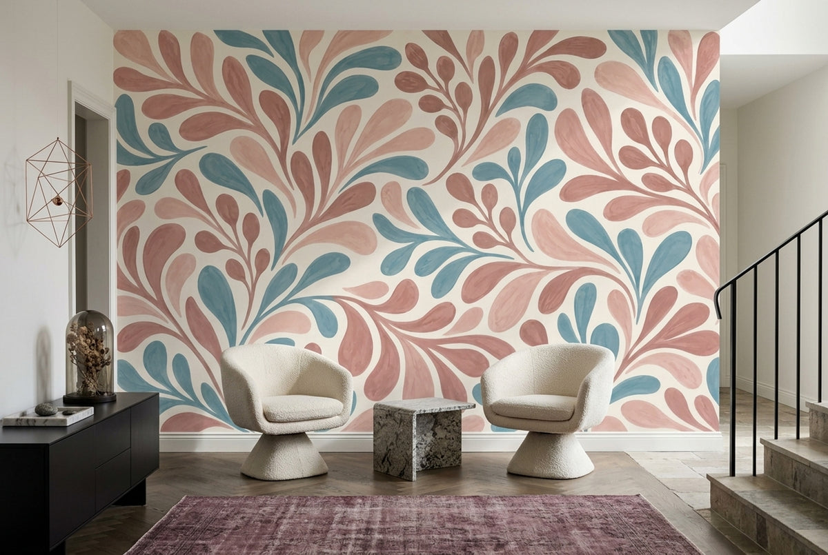 Watercolor Leaf Pattern Wallpaper Pink And Blue Botanical Wall Mural