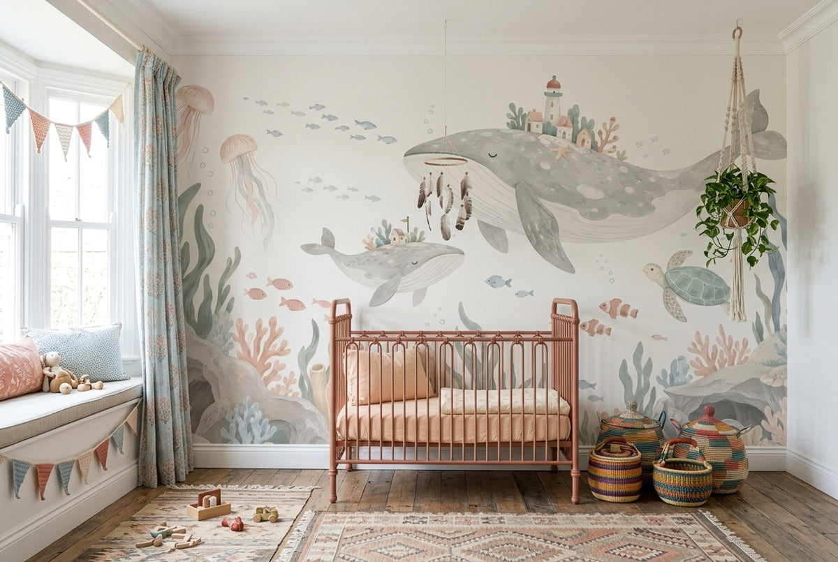 Watercolor Whales Wallpaper Underwater Storybook Wall Mural