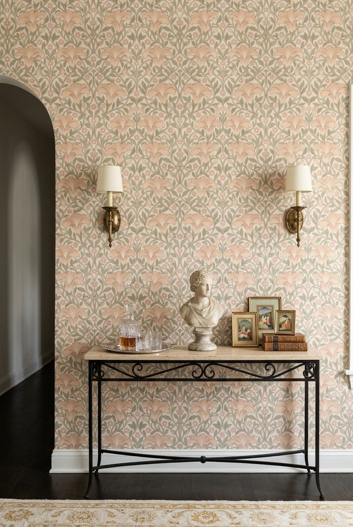 Art Nouveau Lily Floral Wallpaper Sage And Peach On Cream